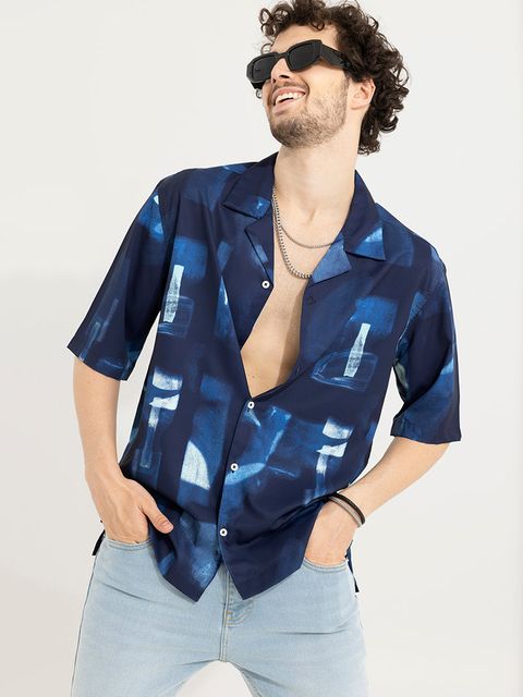 Abstract Block Blue Oversized Shirt - View 1