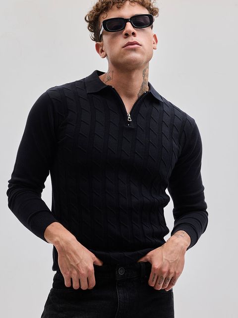 Black Zipper Knitted Polo T-Shirt - View 1