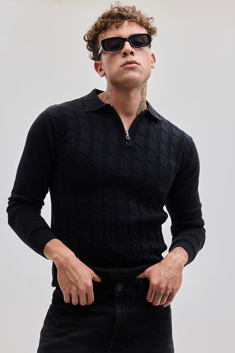 Black Zipper Knitted Polo T-Shirt - View 1