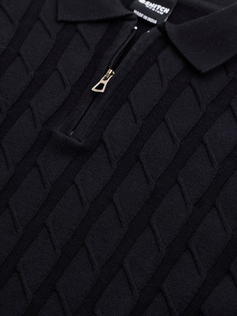 Black Zipper Knitted Polo T-Shirt - View 2