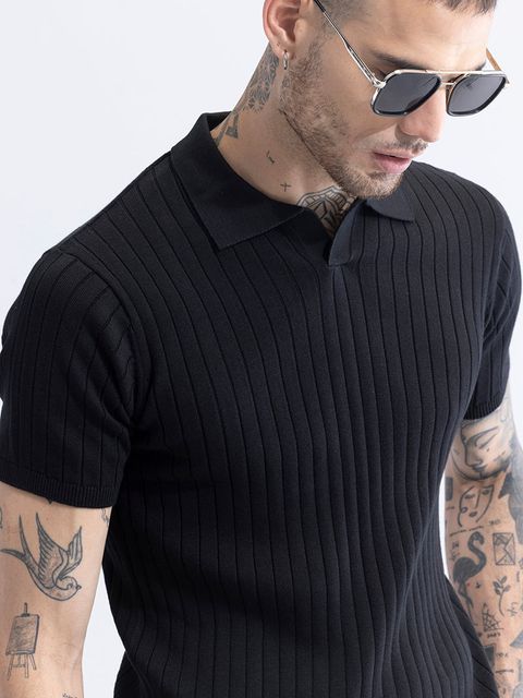 Sleek Striped Black Polo T-Shirt - View 1