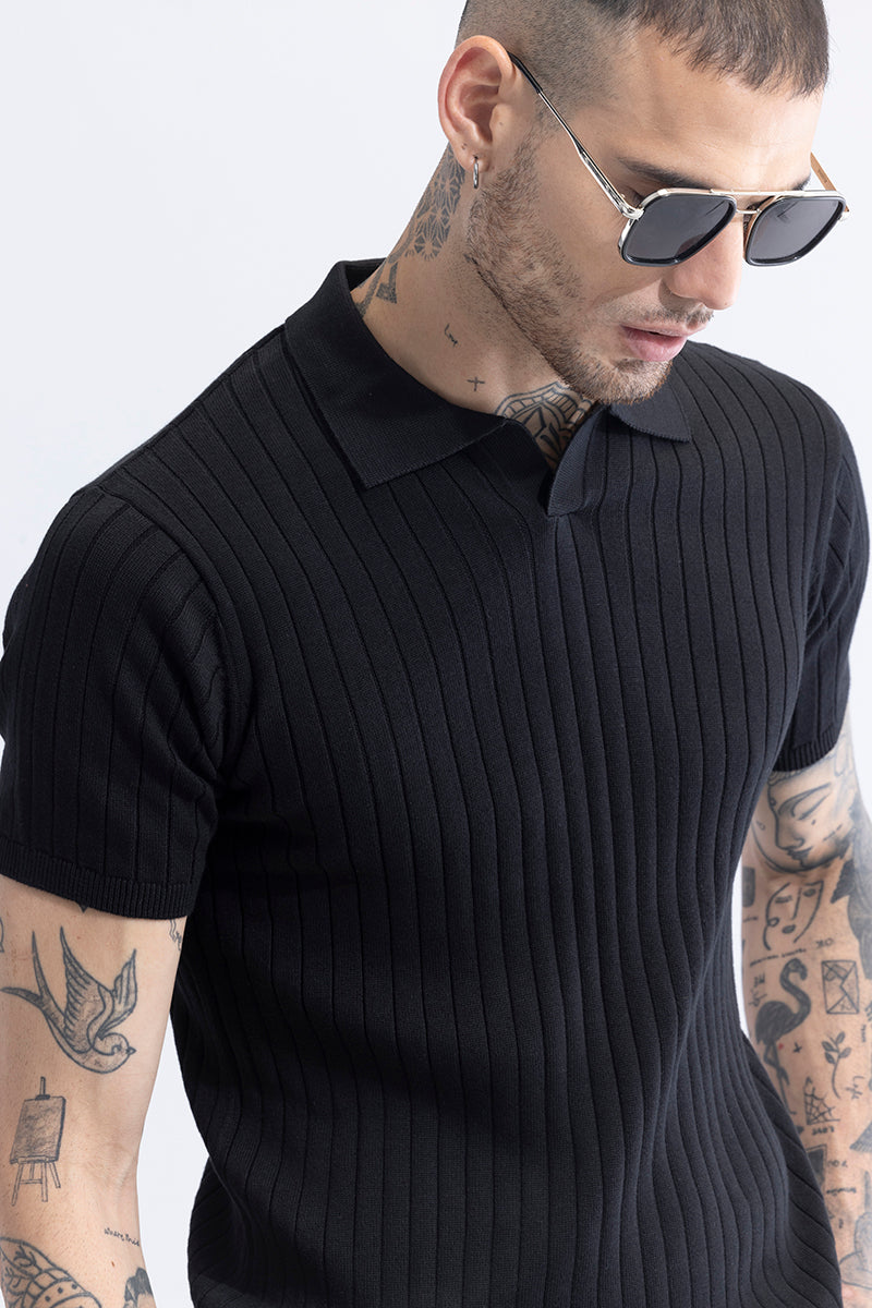 Sleek Striped Black Polo T-Shirt - View 1