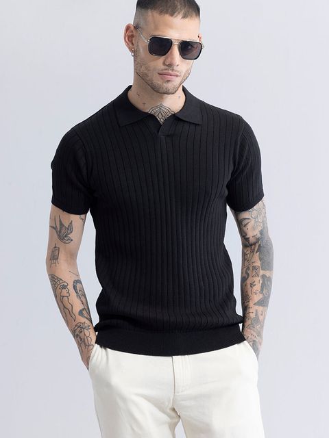 Sleek Striped Black Polo T-Shirt - View 2