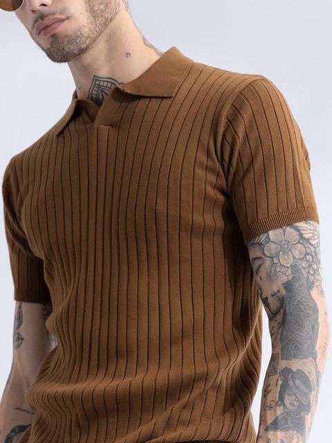 Sleek Striped Brown Polo T-Shirt - View 1