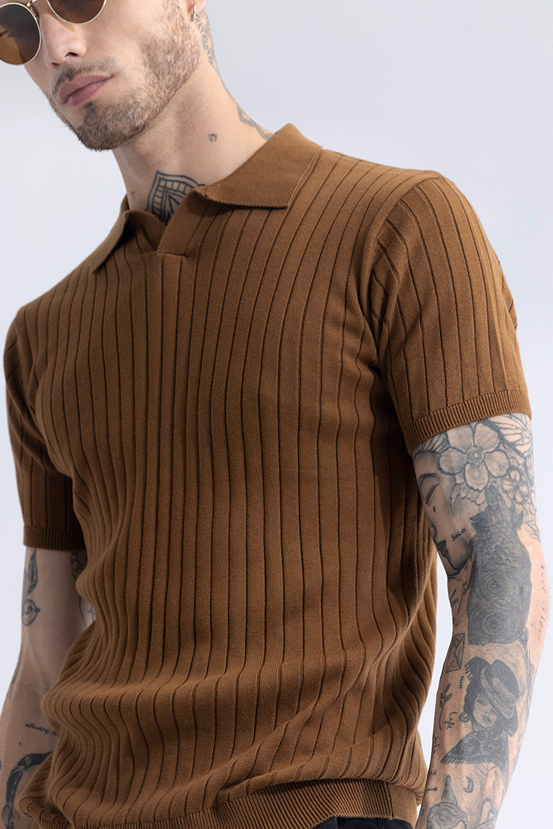 Sleek Striped Brown Polo T-Shirt - View 1