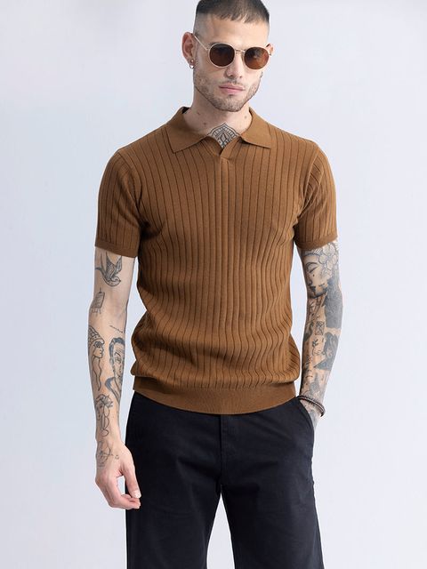 Sleek Striped Brown Polo T-Shirt - View 2